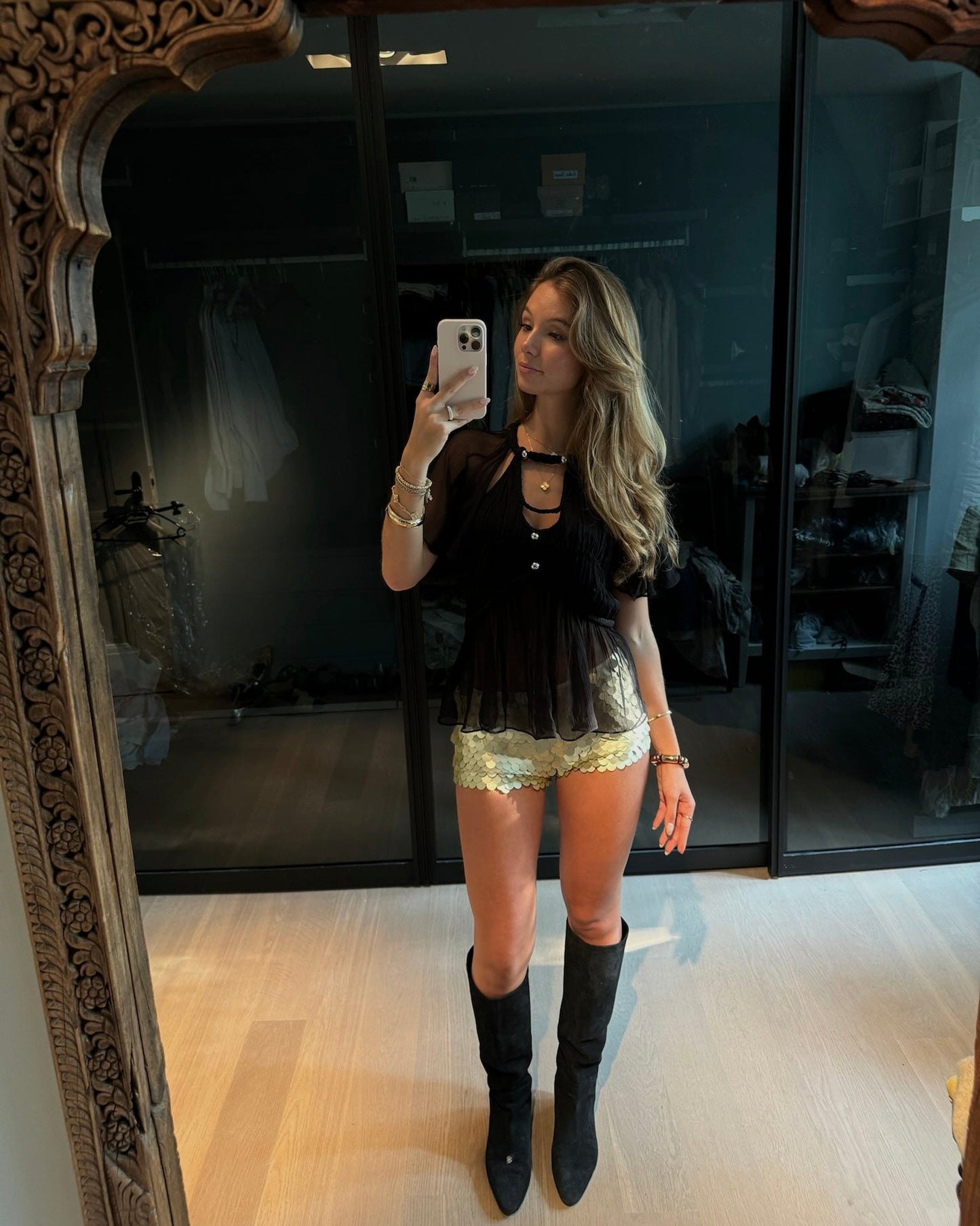 gold/champagne paillette shorts